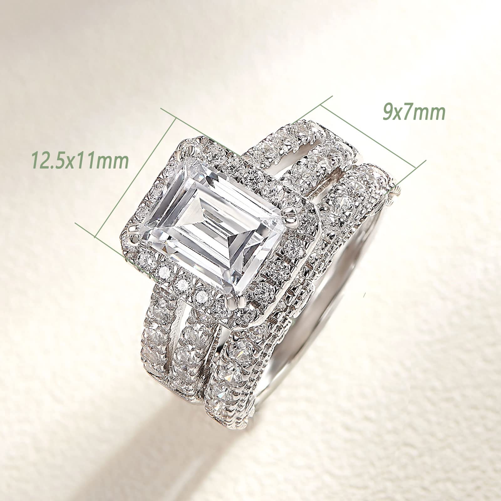 Wuziwen 4 Carat Emerald Cut Sterling Silver Engagement Rings Wedding Ring Set for Women CZ Size 8