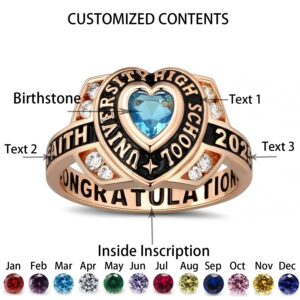 Ccjcinata Custom Class Rings for Women High School Heart Shape Rings 925 Sterling Silver Rings Women's Class Rings Size 5-15 Graduation Rings for Women Cubic Zirconia Birthstone Rings