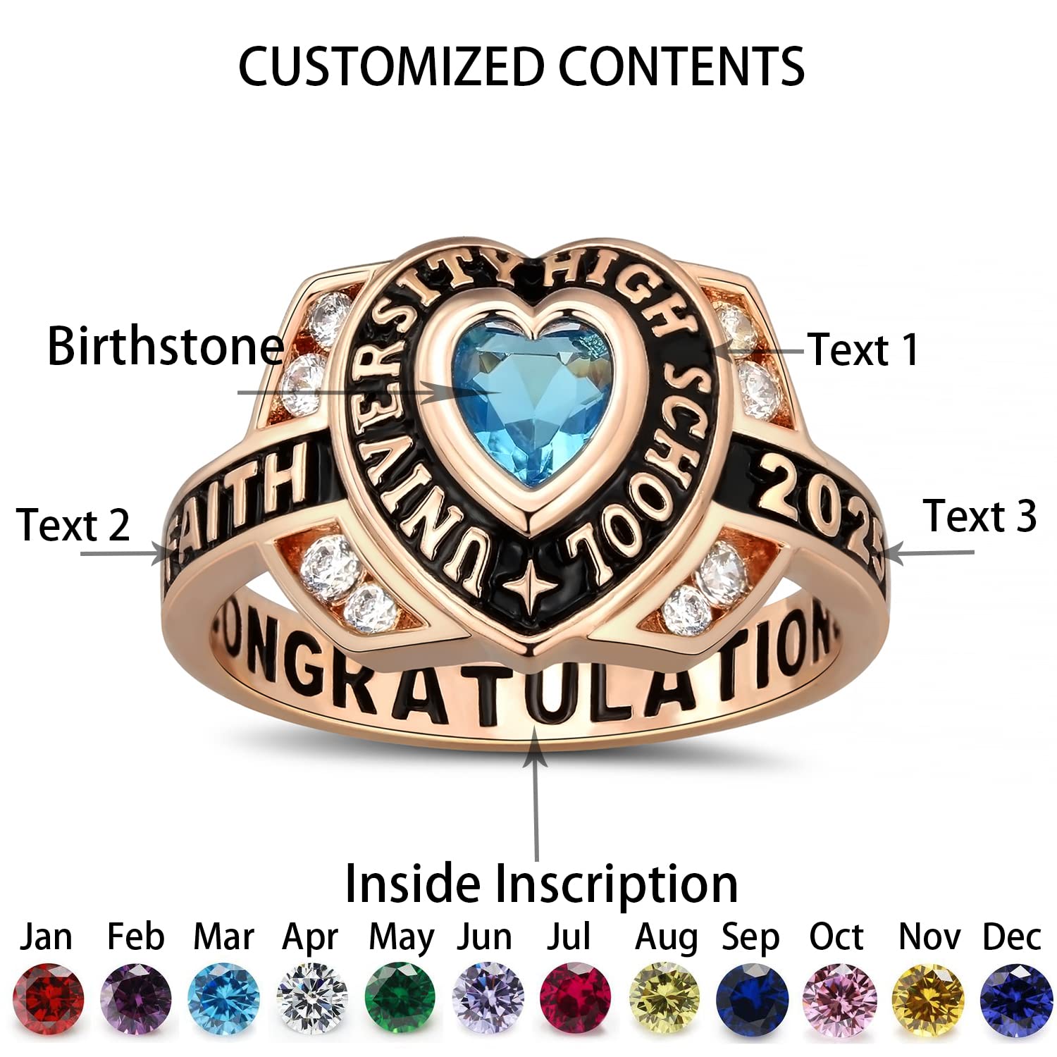 Ccjcinata Custom Class Rings for Women High School Heart Shape Rings 925 Sterling Silver Rings Women's Class Rings Size 5-15 Graduation Rings for Women Cubic Zirconia Birthstone Rings