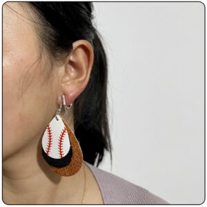 Fusamk Baseball Faux Leather Earrings Lightweight Teardrop Earrings Sequin Dangle Earrings(Black Orange)