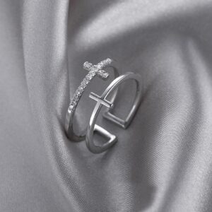 Women'S Silver Double Cross Ring, Zircon Open Ring, Wide Ring, Party Ring 2