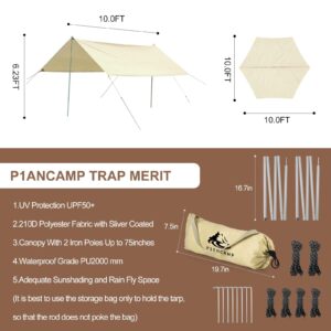 P1ancamp 10×10FT Camping Tarp with 2×6.6FT Poles, Waterproof & Lightweight Tent Tarp, Rain Fly Sun Shelter, 210D Oxford UPF50+ Shelter can Used with Car,Tent & Hammock for Picnic, Garden & Outdoor