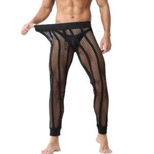 yufeida men's fishnet pants drawstring bottoms low rise mesh leggings muscle fit long pants see through thermal bottoms black