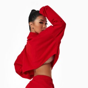 HerGymClothing Womens Cropped Sweatshirt Long Sleeve Half Zip Loose Workout Crop Athletic Jacket (Lava Red, M)