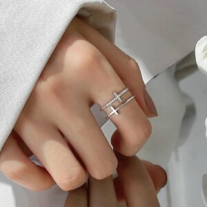 Women'S Silver Double Cross Ring, Zircon Open Ring, Wide Ring, Party Ring 2