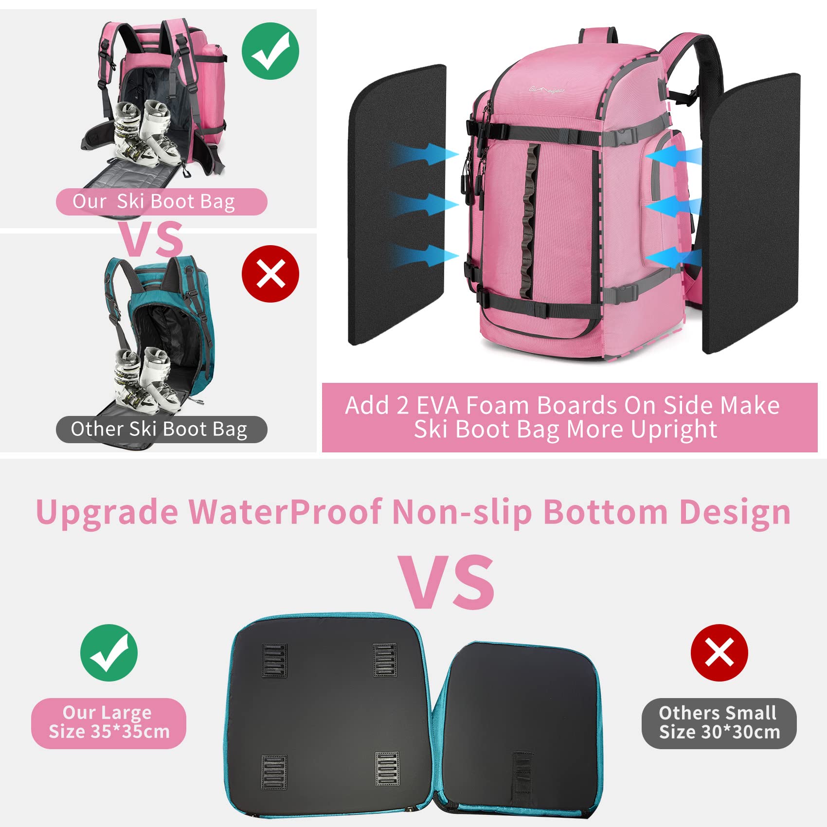 65L Ski Boot Bag-Pink 1680D Nylon Waterproof Ski Boot Backpack For Women Kids, Men Large Durable Travel Camping Hiking Backpack, Snowboard Bag For Ski Helmet, Goggles, Gloves, Jackets, Water Bottles