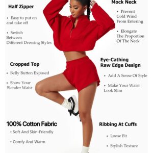 HerGymClothing Womens Cropped Sweatshirt Long Sleeve Half Zip Loose Workout Crop Athletic Jacket (Lava Red, M)