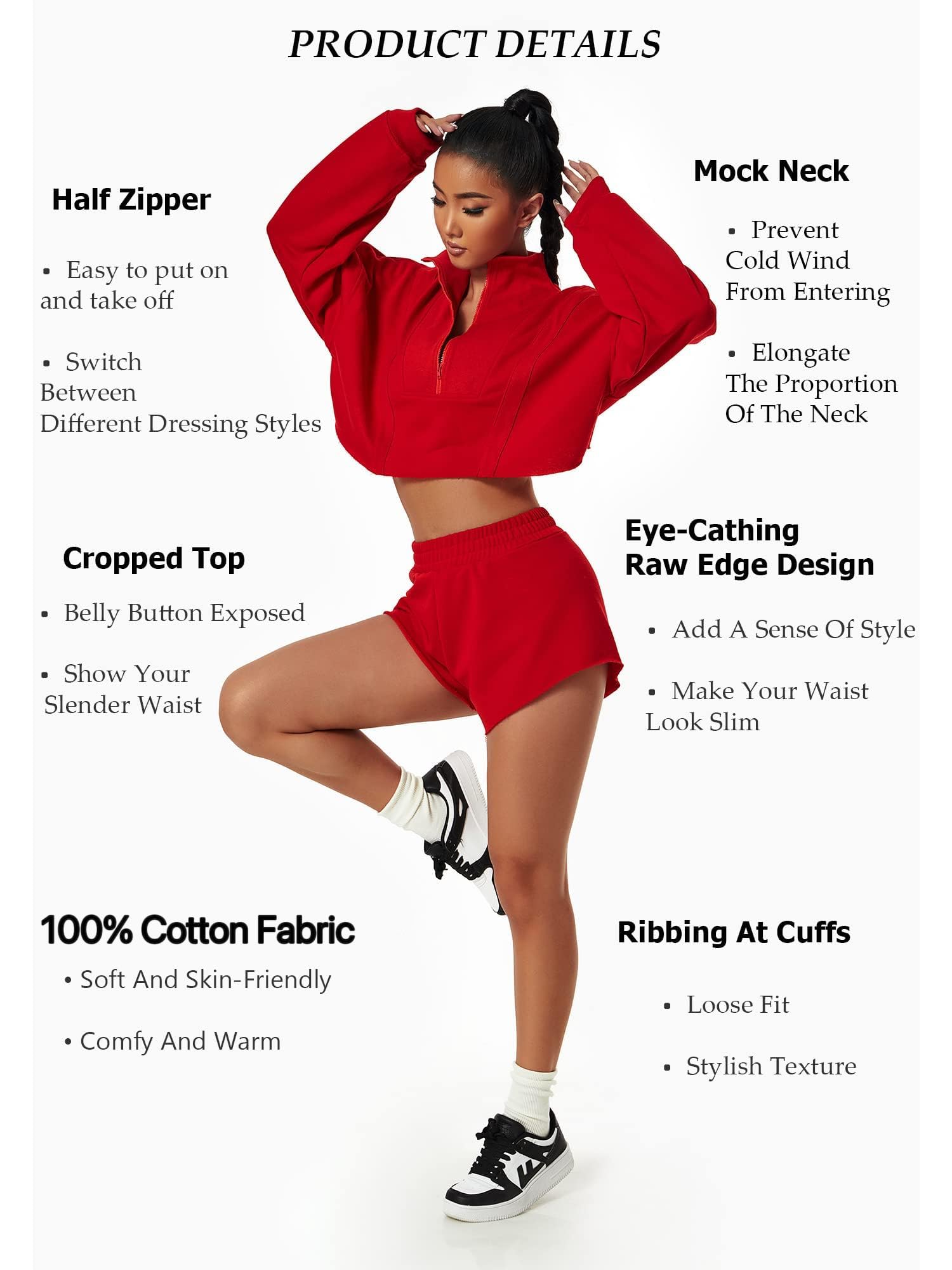 HerGymClothing Womens Cropped Sweatshirt Long Sleeve Half Zip Loose Workout Crop Athletic Jacket (Lava Red, M)