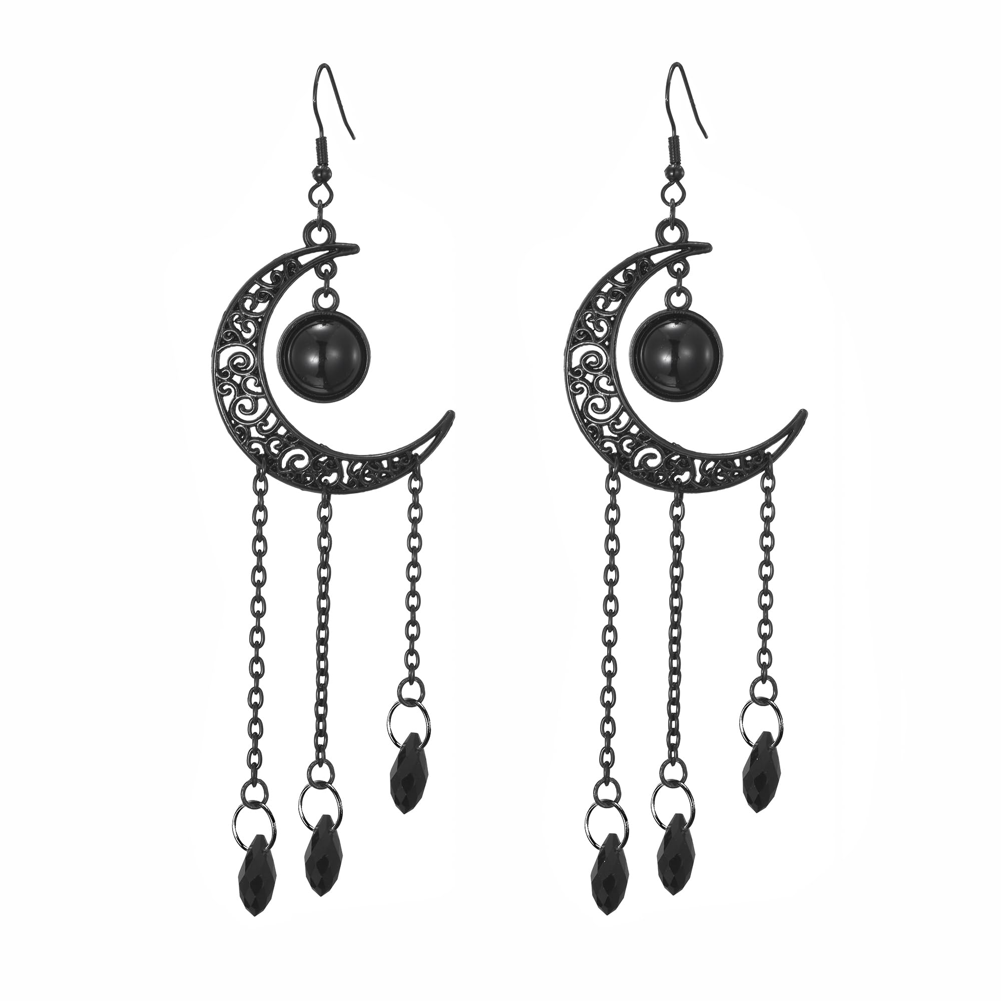 Balirek Moon Earrings Gothic Black Moon Drop Dangle Earrings Black Moon Ear Jewelry for Women (Gothic Tassel Moon)