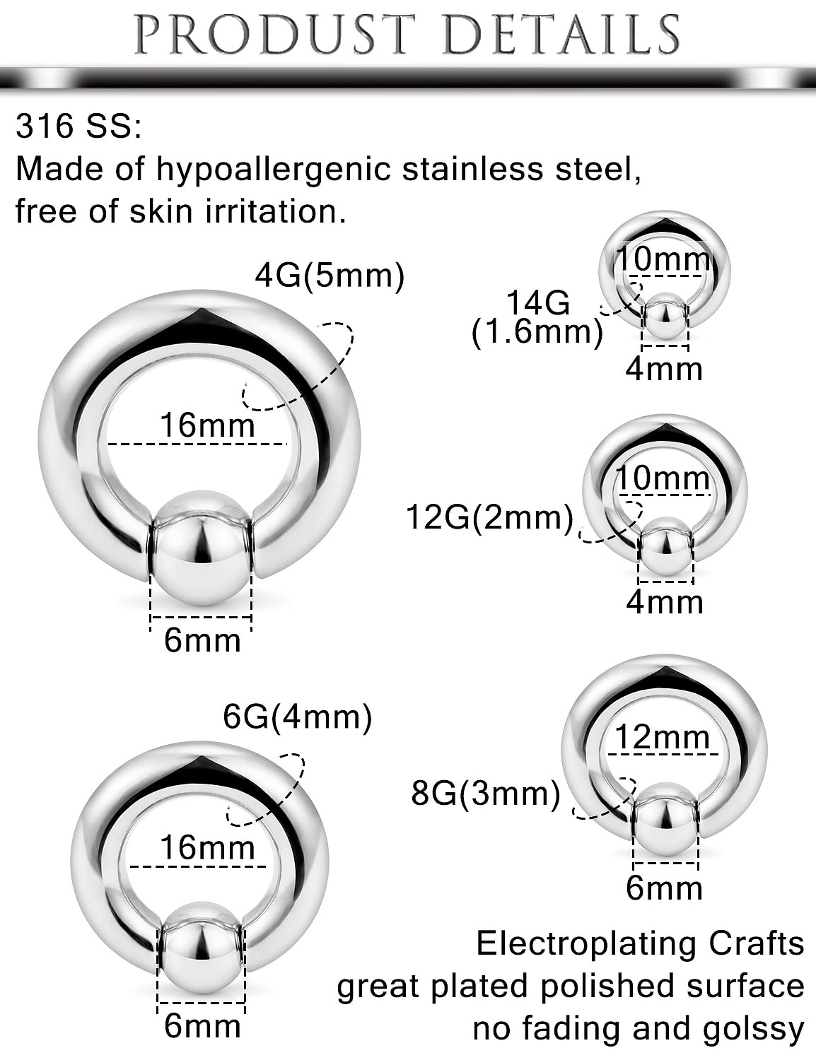 Hoeudjo Large Septum Rings 14G 12G 8G 6G 4G PA Ring Spring Action Captive Bead Rings Ear Gauges Stretching Expander Kit Stainless Steel Stretched Septum Jewelry Kit for Women Men