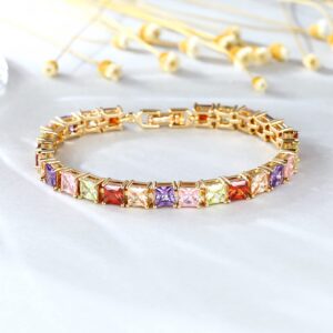 Esbbela Tennis Bracelet for Women Colorful Square Cubic Zirconia 5mm Artificial Diamond Rainbow Tennis Bracelet | 14K Gold Size 7 inch