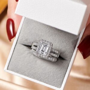 Wuziwen 4 Carat Emerald Cut Sterling Silver Engagement Rings Wedding Ring Set for Women CZ Size 8