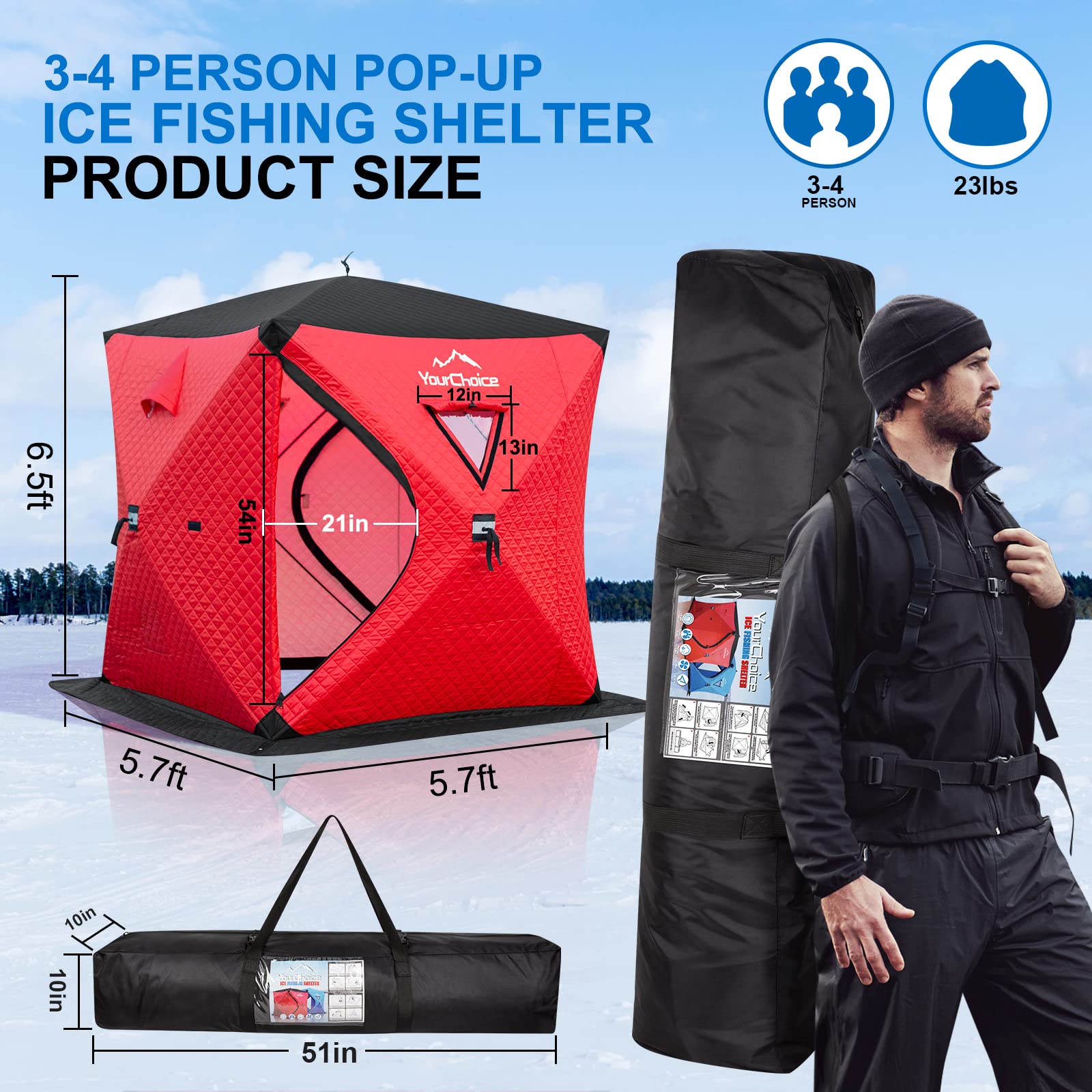 Your Choice Pop Up 3-4 Person Ice Fishing Shelter, Fully Insulated Ice Fishing Shelter, with Insulated Layer to Windproof and Warm Ice Fishing Tent, Ice Fishing Gear and Equipment - Color Red