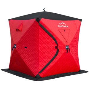 your choice pop up 3-4 person ice fishing shelter, fully insulated ice fishing shelter, with insulated layer to windproof and warm ice fishing tent, ice fishing gear and equipment - color red