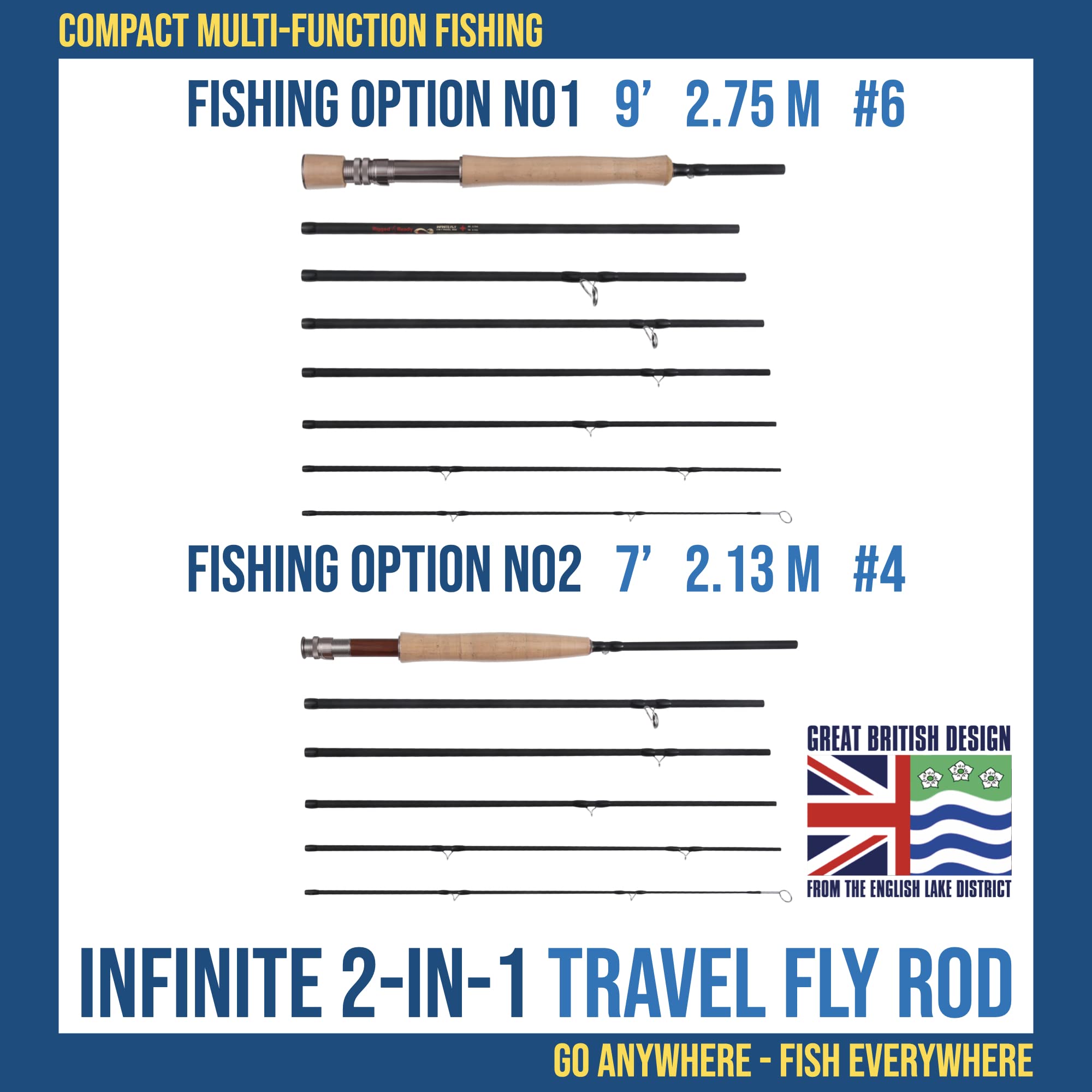 Rigged and Ready 2-in-1 Fly Fishing Travel Rod. 2 Rods. 9ft 273cm #6 7ft 213cm and #4 Fishing Rod Options 2 Handle Combination. Toray Carbon-8 Sections. Tube 18’ 45cm