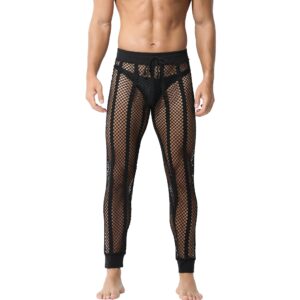 YUFEIDA Men's Fishnet Pants Drawstring Bottoms Low Rise Mesh Leggings Muscle Fit Long Pants See Through Thermal Bottoms Black