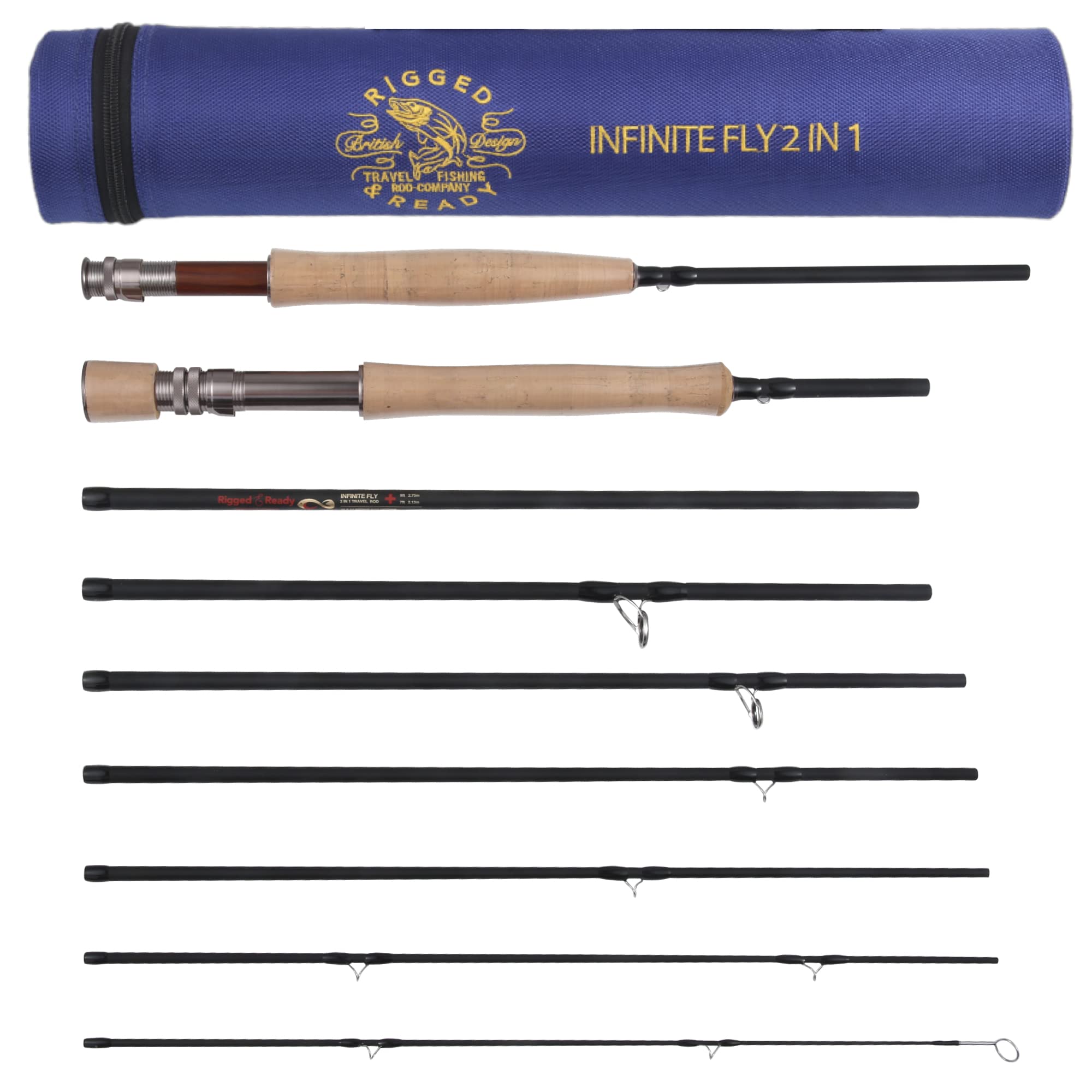 Rigged and Ready 2-in-1 Fly Fishing Travel Rod. 2 Rods. 9ft 273cm #6 7ft 213cm and #4 Fishing Rod Options 2 Handle Combination. Toray Carbon-8 Sections. Tube 18’ 45cm