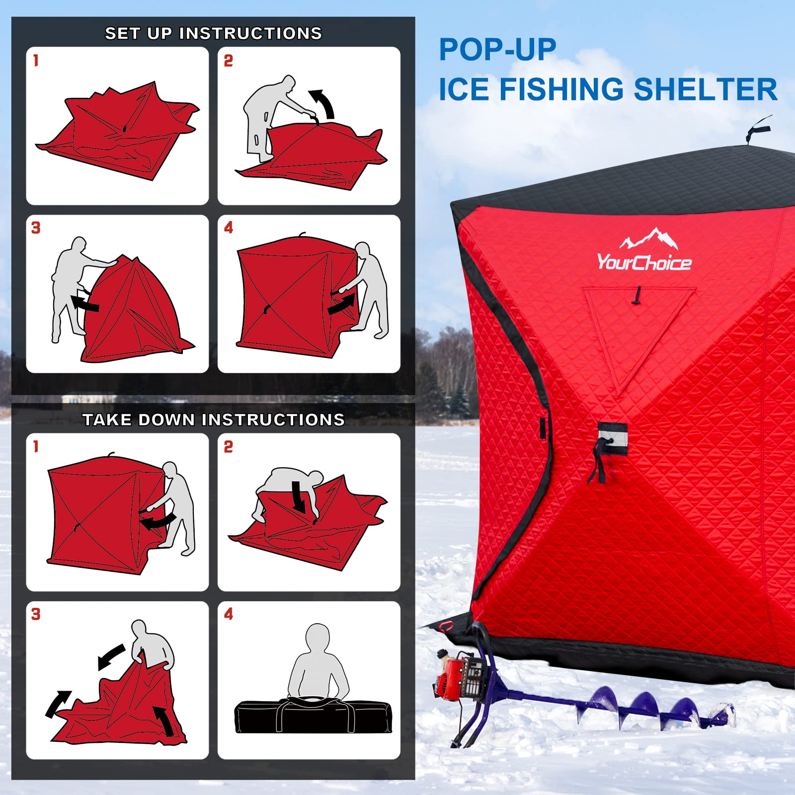 Your Choice Pop Up 3-4 Person Ice Fishing Shelter, Fully Insulated Ice Fishing Shelter, with Insulated Layer to Windproof and Warm Ice Fishing Tent, Ice Fishing Gear and Equipment - Color Red