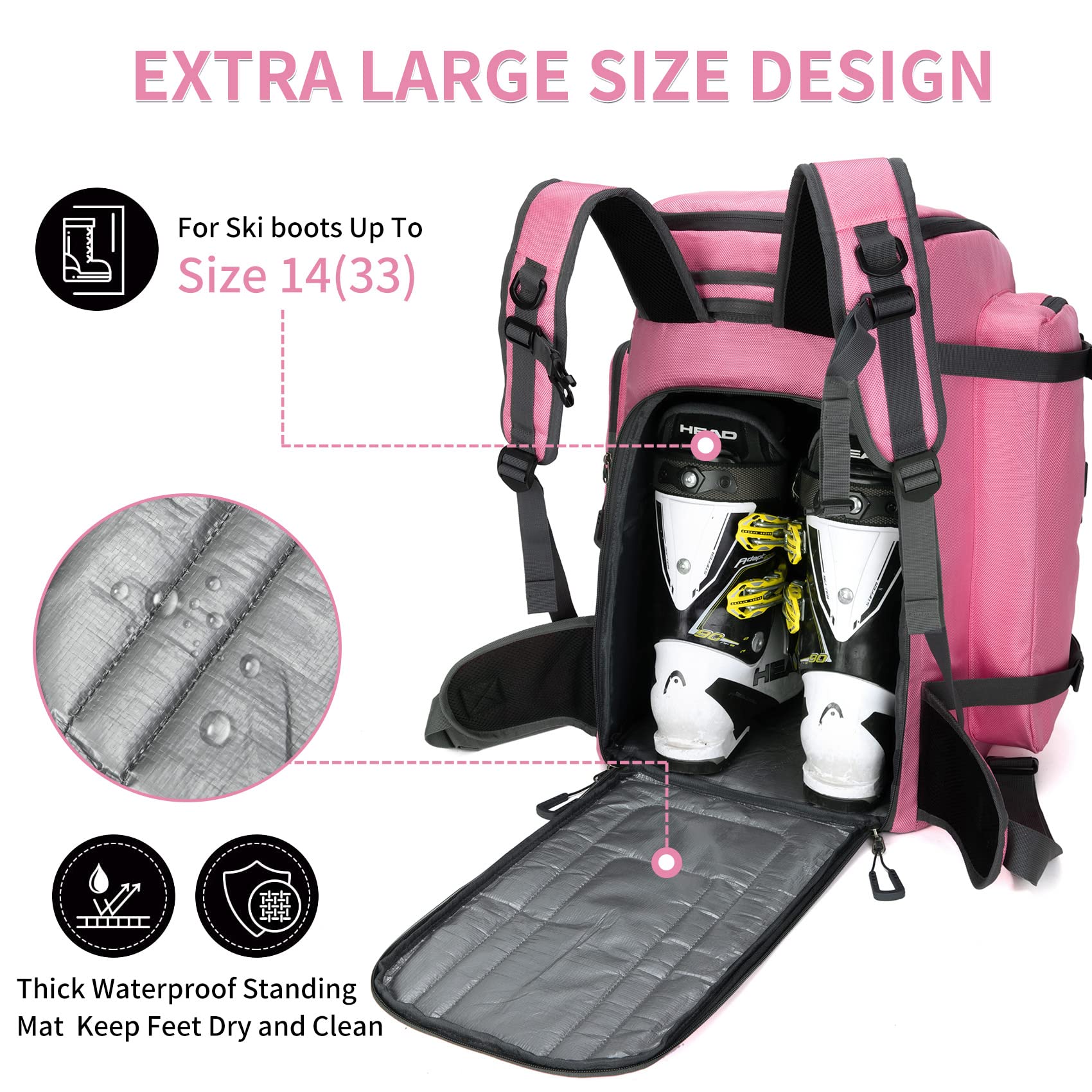 65L Ski Boot Bag-Pink 1680D Nylon Waterproof Ski Boot Backpack For Women Kids, Men Large Durable Travel Camping Hiking Backpack, Snowboard Bag For Ski Helmet, Goggles, Gloves, Jackets, Water Bottles