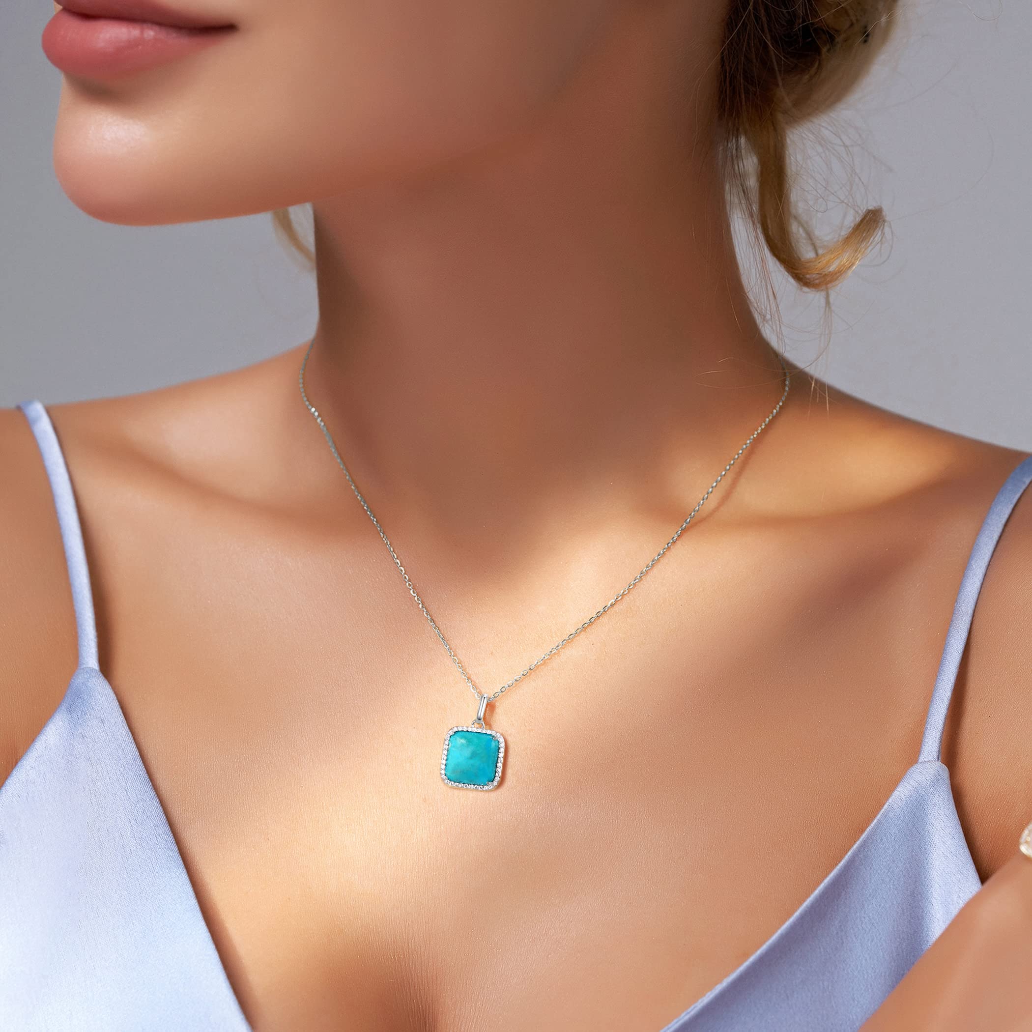 Jupiter Natural Turquoise Necklace for Women, Rhodium Plated 13MM Gemstone Turquoise Pendant with Zirconia, Genuine Turquoise Birthstone Necklace Gifts for Valentine's Day, Mother's Day, Birthday