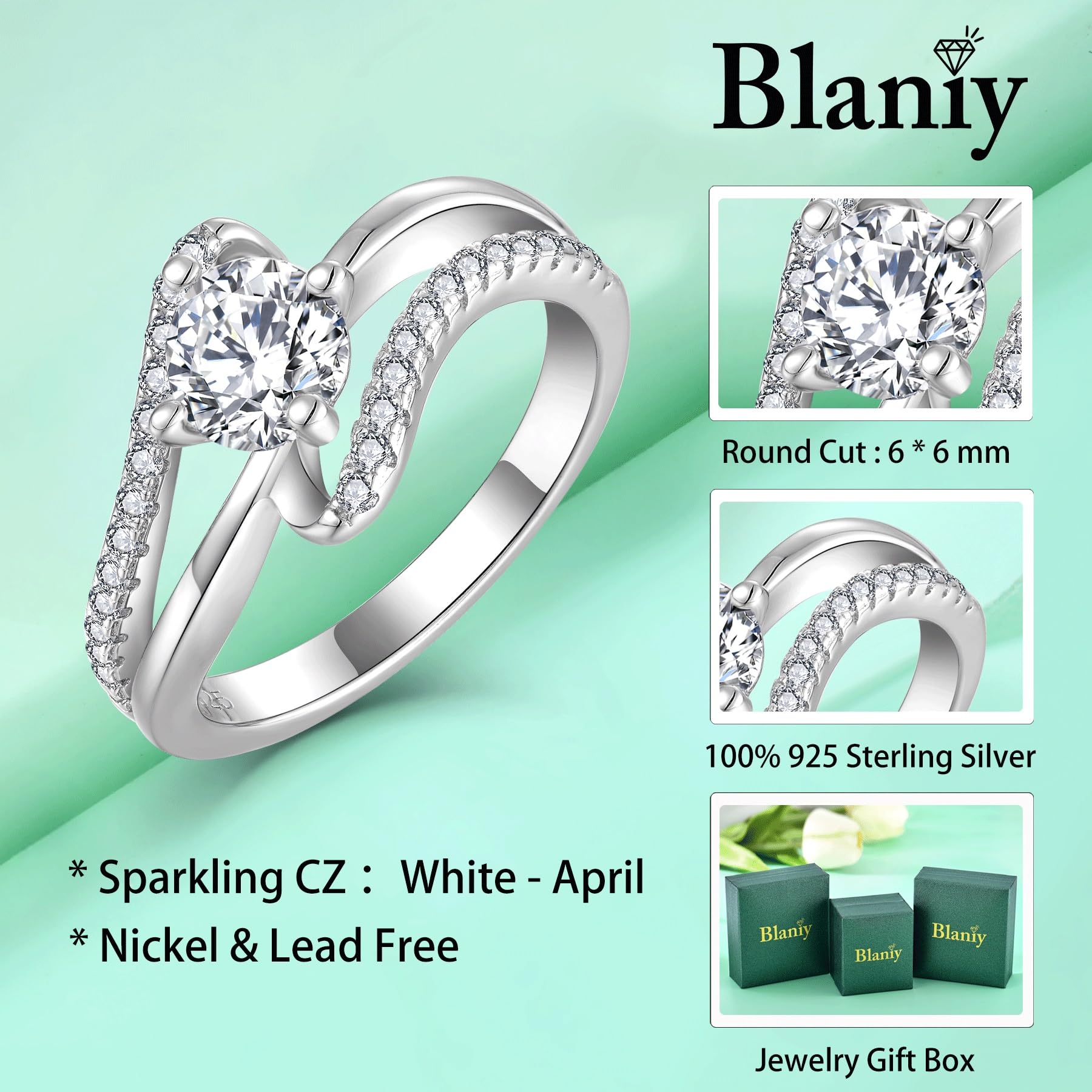 Blaniy Promise Rings 925 Sterling Silver 6mm Round Cut Engagement Ring Wedding Eternity Anniversary Ring Simulated Diamond April Birthstone Jewelry for Women Size 6