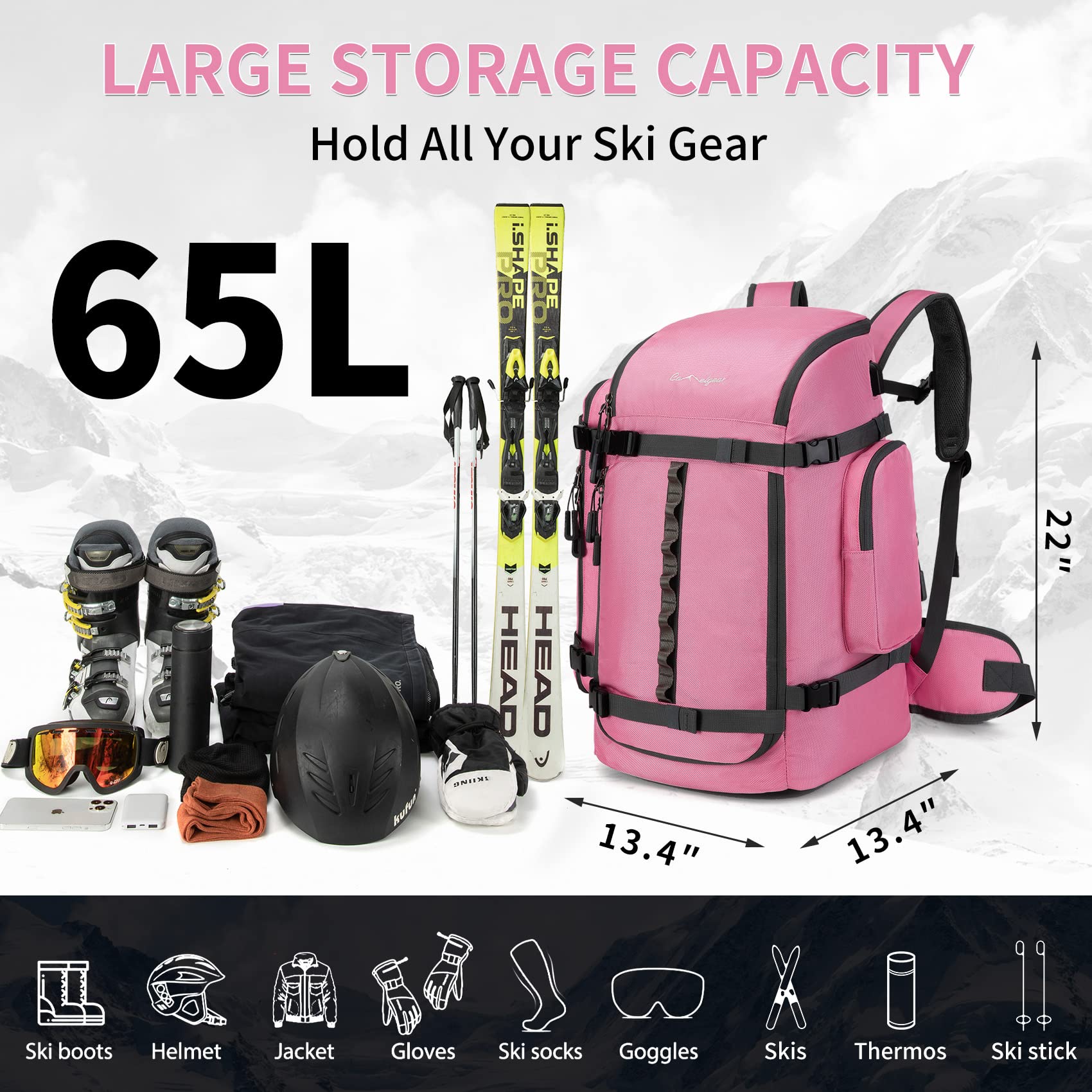 65L Ski Boot Bag-Pink 1680D Nylon Waterproof Ski Boot Backpack For Women Kids, Men Large Durable Travel Camping Hiking Backpack, Snowboard Bag For Ski Helmet, Goggles, Gloves, Jackets, Water Bottles