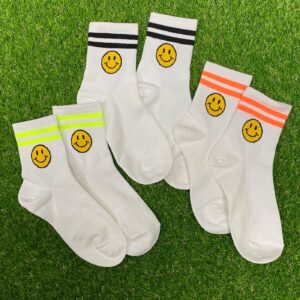 holawit Happy Face Fun Design Positive Smile Quarter Socks with Neon Double Stripes for Women 3P Set