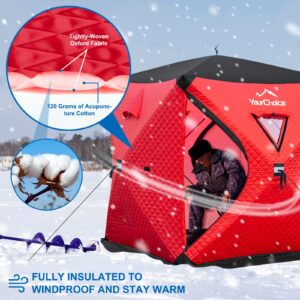 Your Choice Pop Up 3-4 Person Ice Fishing Shelter, Fully Insulated Ice Fishing Shelter, with Insulated Layer to Windproof and Warm Ice Fishing Tent, Ice Fishing Gear and Equipment - Color Red