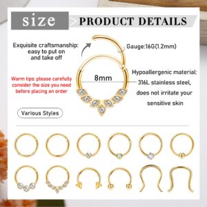 YADOCA 12PCS 16G Septum Rings Surgical Steel Septum Nose Piercing Jewelry Septum Clicker Nose Rings Hoops for Women Men Horseshoe Daith Helix Tragus Lip Cartilage Earrings Gold 10MM