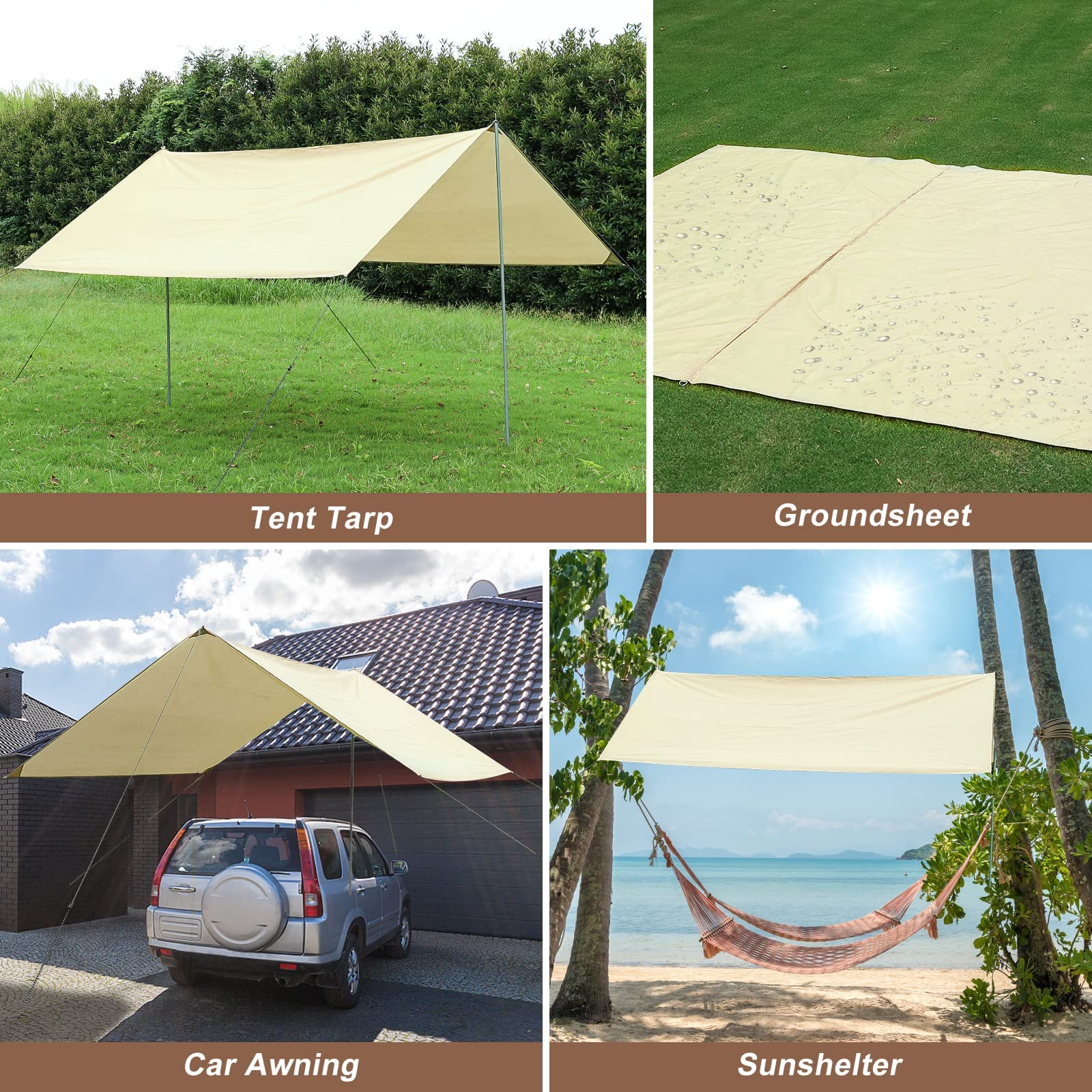 P1ancamp 10×10FT Camping Tarp with 2×6.6FT Poles, Waterproof & Lightweight Tent Tarp, Rain Fly Sun Shelter, 210D Oxford UPF50+ Shelter can Used with Car,Tent & Hammock for Picnic, Garden & Outdoor