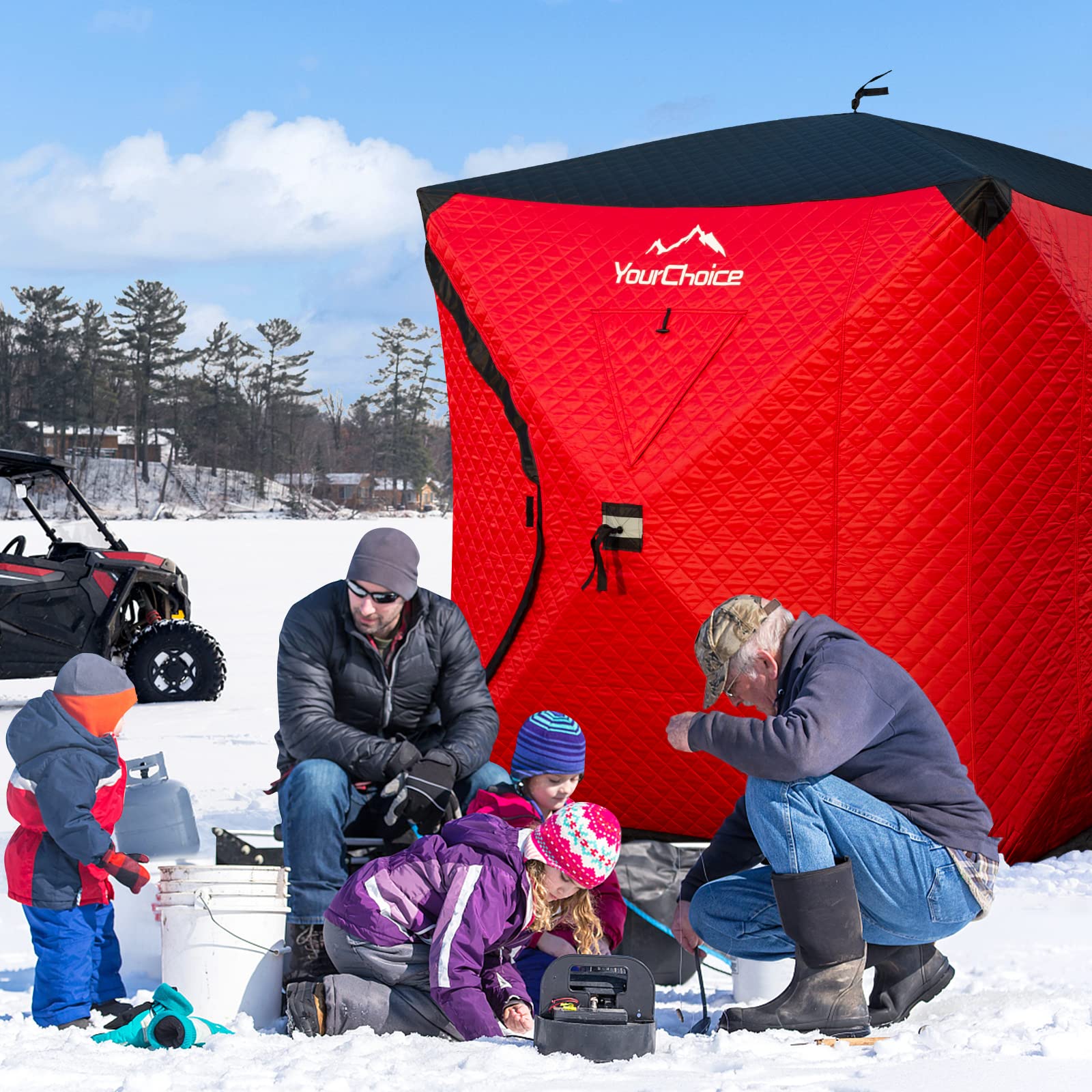 Your Choice Pop Up 3-4 Person Ice Fishing Shelter, Fully Insulated Ice Fishing Shelter, with Insulated Layer to Windproof and Warm Ice Fishing Tent, Ice Fishing Gear and Equipment - Color Red