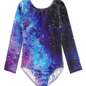 HOZIY Long Sleeve Gymnastics Leotards for Girls 7-8 Size 6-7 Year Old Blue Purple Galaxy Dance Clothes Tumbling Outfits Unitard Sparkle Kids Bodysuit Outfits Sleeved