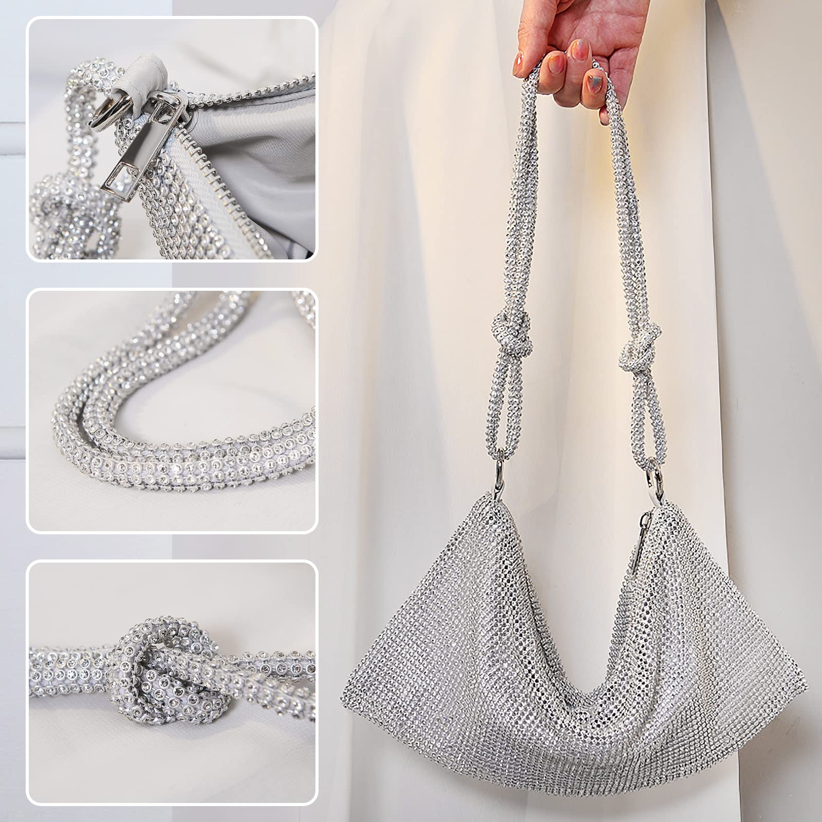 CORIOS Women Rhinestones Evening Bag Crystal Clutch Bag Sparkly Sequin Glitter Handbag Wedding Purse Bling Hobo Bag Banquet Bag Underarm Shoulder Bag for Wedding Prom Cocktail Party Silver