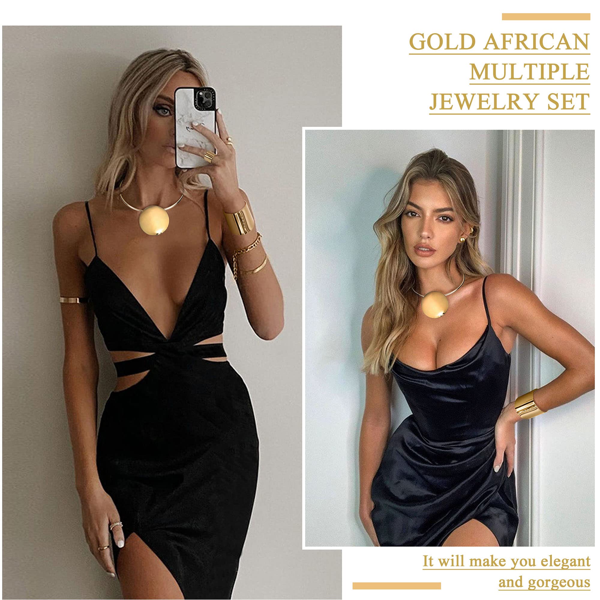 Sanfenly Statement Chunky Jewelry Set Choker Earrings Bracelet Ring Gold Silver Plated Round Pendant Necklace Nigerian Costume Party African Jewelry Accessories for Women