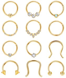 yadoca 12pcs 16g septum rings surgical steel septum nose piercing jewelry septum clicker nose rings hoops for women men horseshoe daith helix tragus lip cartilage earrings gold 10mm