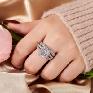 Wuziwen 4 Carat Emerald Cut Sterling Silver Engagement Rings Wedding Ring Set for Women CZ Size 8