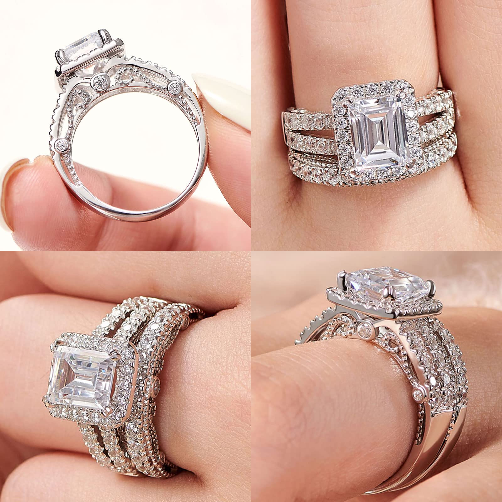 Wuziwen 4 Carat Emerald Cut Sterling Silver Engagement Rings Wedding Ring Set for Women CZ Size 8