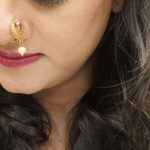 Efulgenz Indian Jewelry Kundan Crystal Nose Ring Hoop Pin Stud Fake Septum Ring with Chain Nose to Ear Chain Non Piercing Body Jewelry (Style 2)