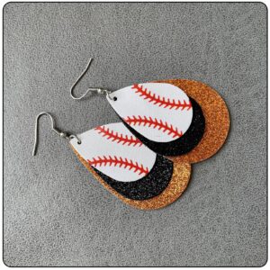 Fusamk Baseball Faux Leather Earrings Lightweight Teardrop Earrings Sequin Dangle Earrings(Black Orange)