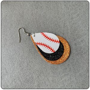 Fusamk Baseball Faux Leather Earrings Lightweight Teardrop Earrings Sequin Dangle Earrings(Black Orange)