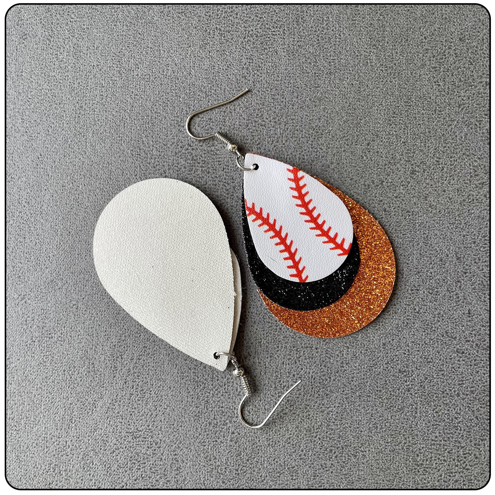 Fusamk Baseball Faux Leather Earrings Lightweight Teardrop Earrings Sequin Dangle Earrings(Black Orange)