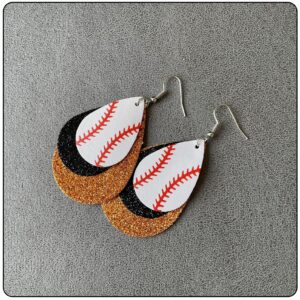 Fusamk Baseball Faux Leather Earrings Lightweight Teardrop Earrings Sequin Dangle Earrings(Black Orange)