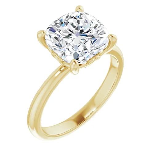 Moissanite Engagement Ring 4 Carat Cushion Handmade Solitaire Diamond Ring Bridal Wedding Gifts for Women Ring VVS1 Colorless (925 Silver (Yellow Gold Plated))