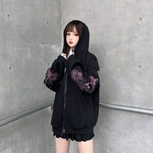 Women Y2K Fall Goth Skeleton Dark Academia Zip Up Hoodie, Harajuku Alt Punk Vintage Emo Graphic Korean Hooded Jacket (M,Medium) Black