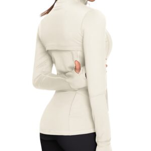 GYM RAINBOW Women's Lightweight Running Jackets Cottony-Soft 4-Way Stretch Zip up Slim Fit Workout Yoga Athletic Jacket(A-Ivory White,Small)