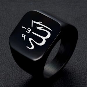 Islamic Allah God Stainless Steel Polished Black Signet Ring for Men Women Islam Muslim Religous Thumb Ring Arabic Amulets Jewelry Gifts for Anniversary Valentines Birthday, Size 10