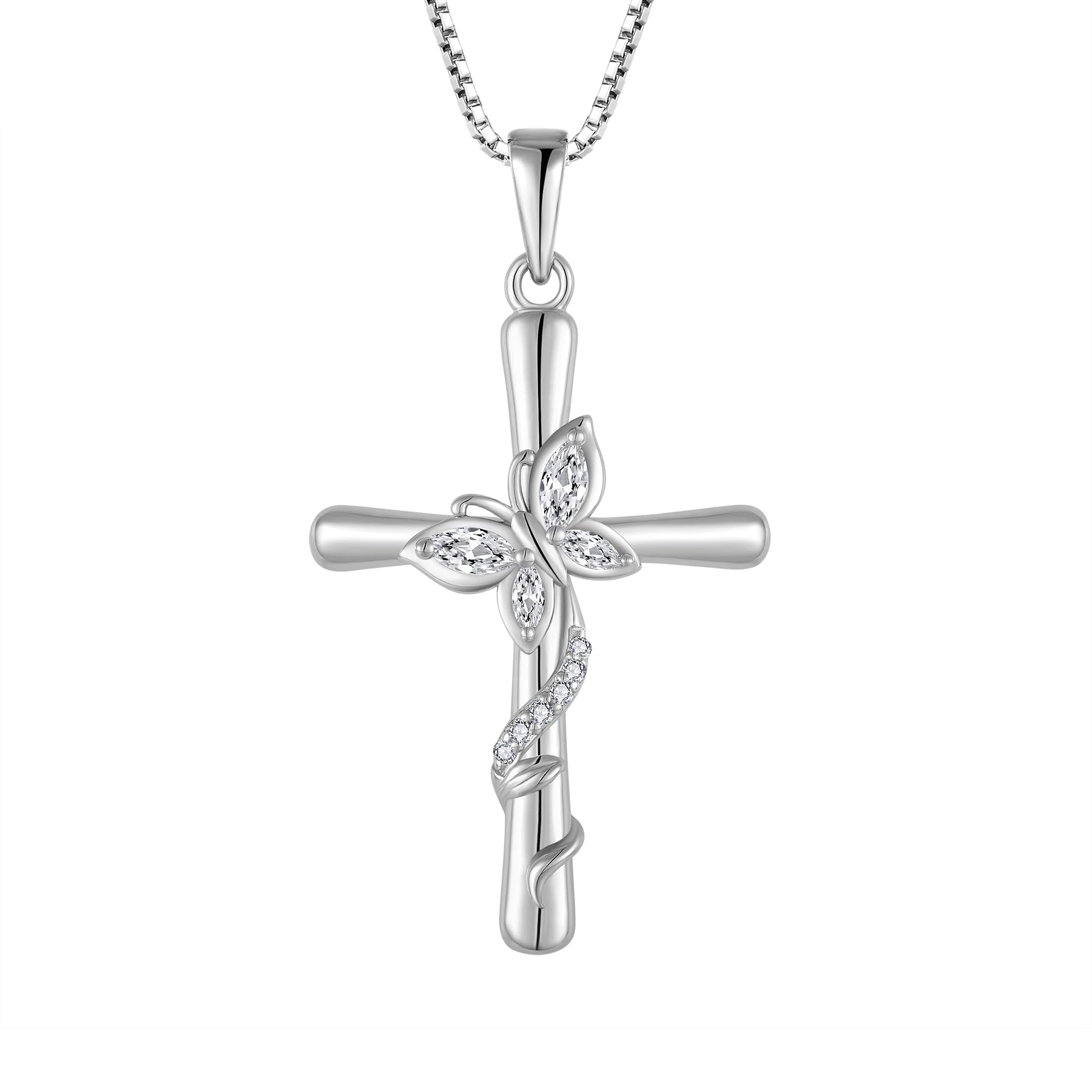 Blaniy Cross Necklace for Women 925 Sterling Silver Butterfly Necklace April Birthstone Pendant Necklace with Cubic Zirconia Jewelry Gifts for Women