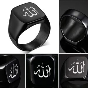 Islamic Allah God Stainless Steel Polished Black Signet Ring for Men Women Islam Muslim Religous Thumb Ring Arabic Amulets Jewelry Gifts for Anniversary Valentines Birthday, Size 10