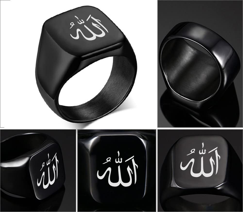 Islamic Allah God Stainless Steel Polished Black Signet Ring for Men Women Islam Muslim Religous Thumb Ring Arabic Amulets Jewelry Gifts for Anniversary Valentines Birthday, Size 10