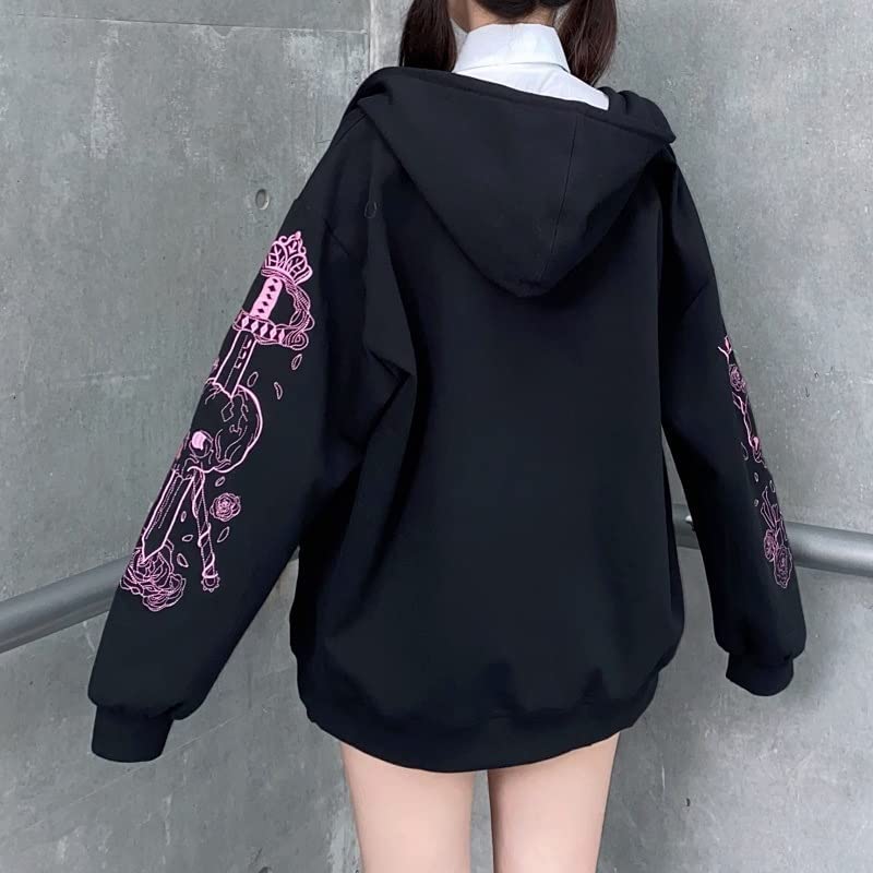 Women Y2K Fall Goth Skeleton Dark Academia Zip Up Hoodie, Harajuku Alt Punk Vintage Emo Graphic Korean Hooded Jacket (M,Medium) Black